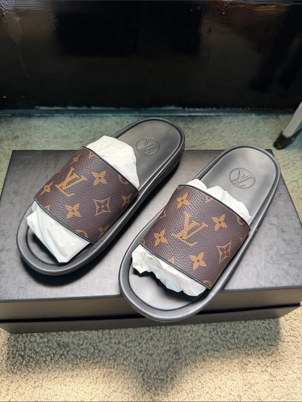 Louis Vuitton Brown Monogram Slide Sandals with Black Footbed